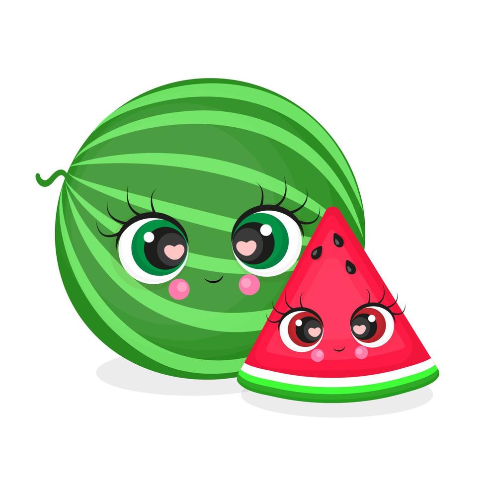 Slice and whole watermelon character with funny face, Happy cute cartoon watermelon character. Vector illustration