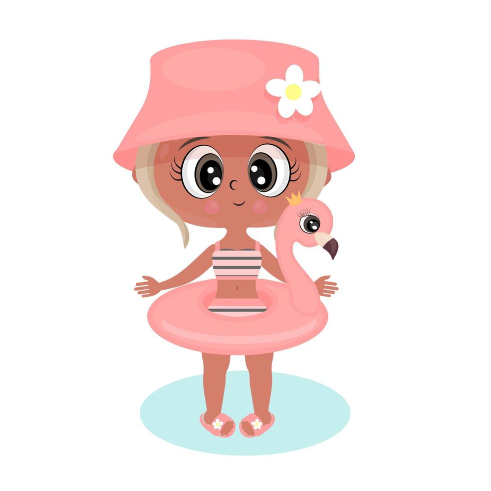 Cute cartoon girl in a panama hat in a flat style in a swimsuit floating on an inflatable flamingo in the pool, vector illustration