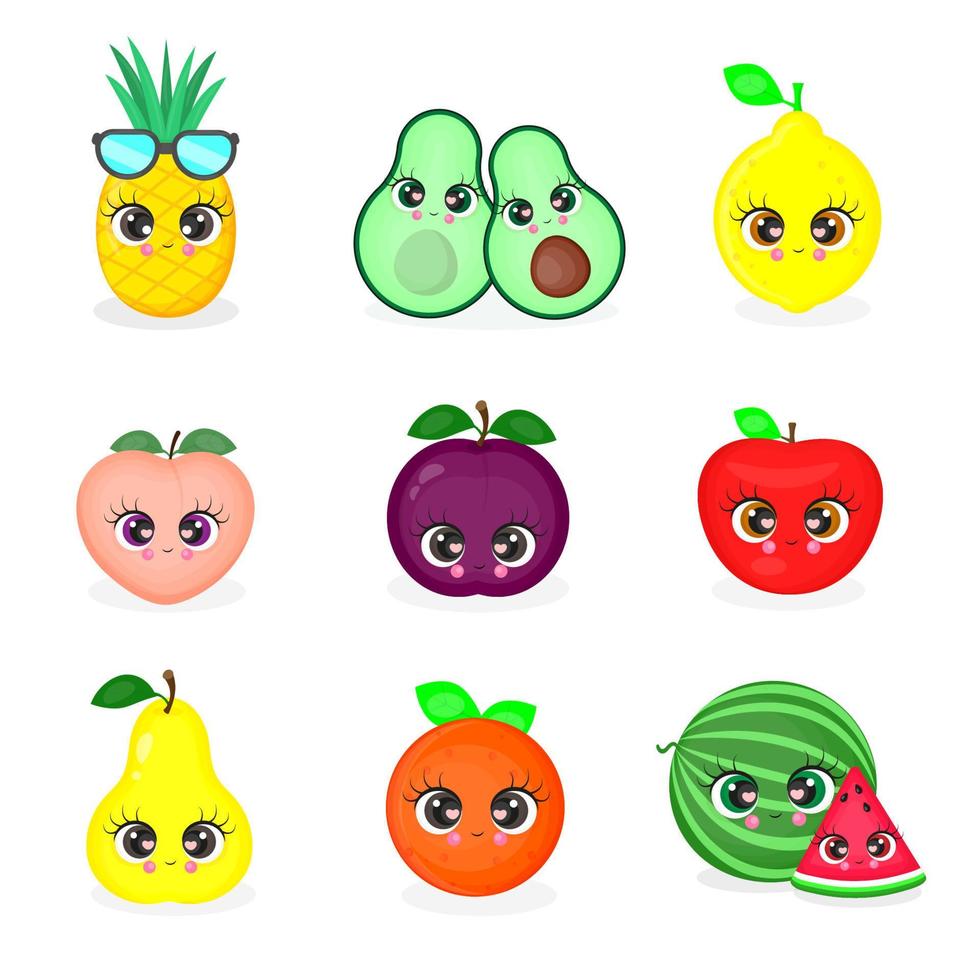 Fruit set cute cartoon apple, orange, avocado, watermelon, pineapple, peach, pear, plum and lemon. Set of cartoon fruit characters, vector illustration