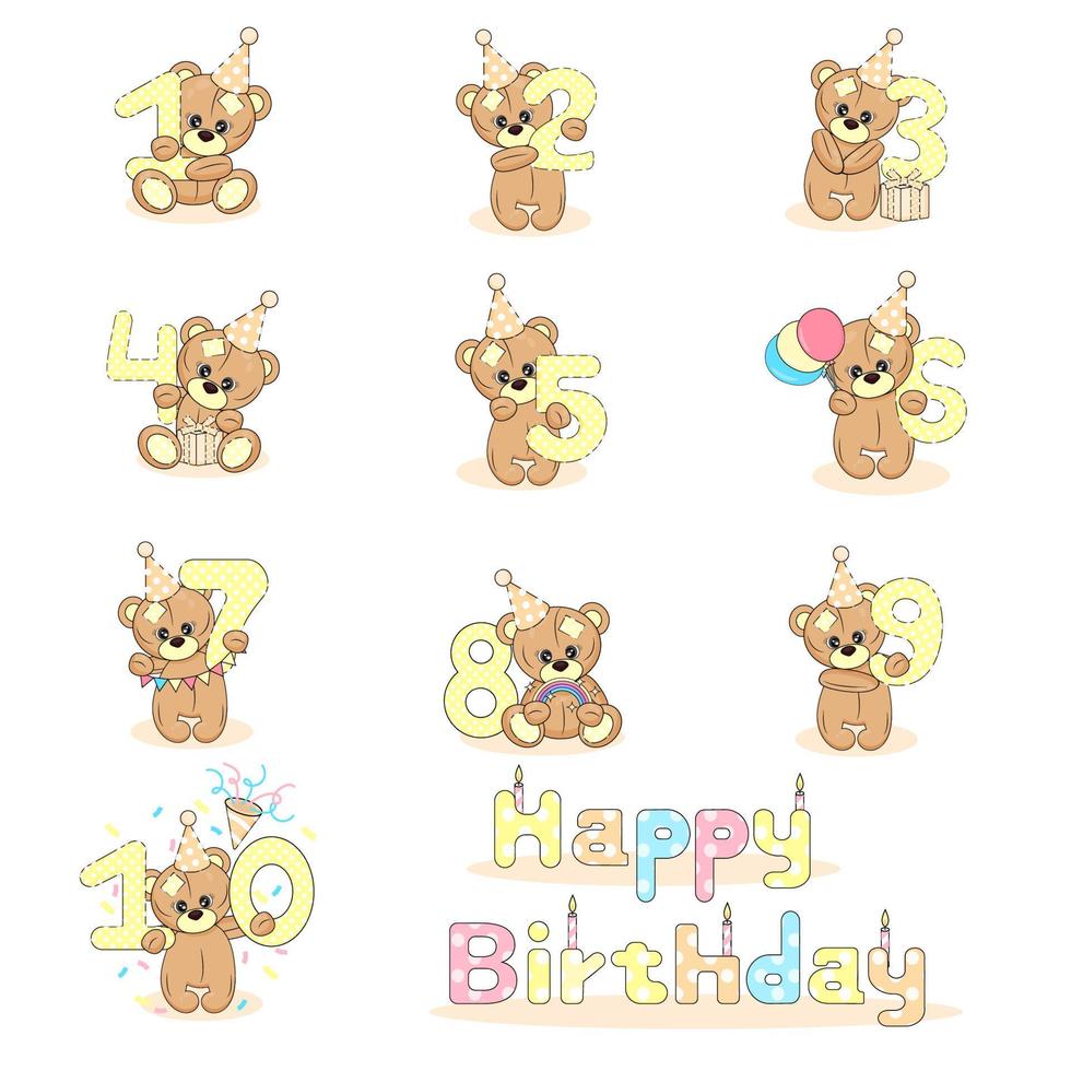 Teddy bear set with numbers from one to ten, baby birthday card on white isolated background, cute cartoon character and text, textile print, packaging, party invitation vector illustration 7746326 Vector Art at Teddy bear set with numbers from one to ten, baby birthday card on white isolated background, cute cartoon character and text, textile print, packaging, party invitation vector illustration 7746326 Vector Art at