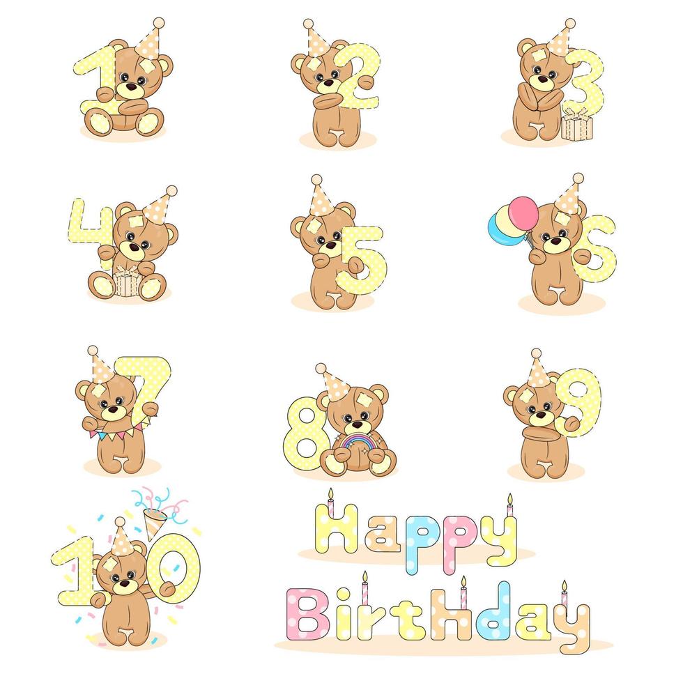 Teddy bear set with numbers from one to ten, baby birthday card on white isolated background, cute cartoon character and text, textile print, packaging, party invitation vector illustration