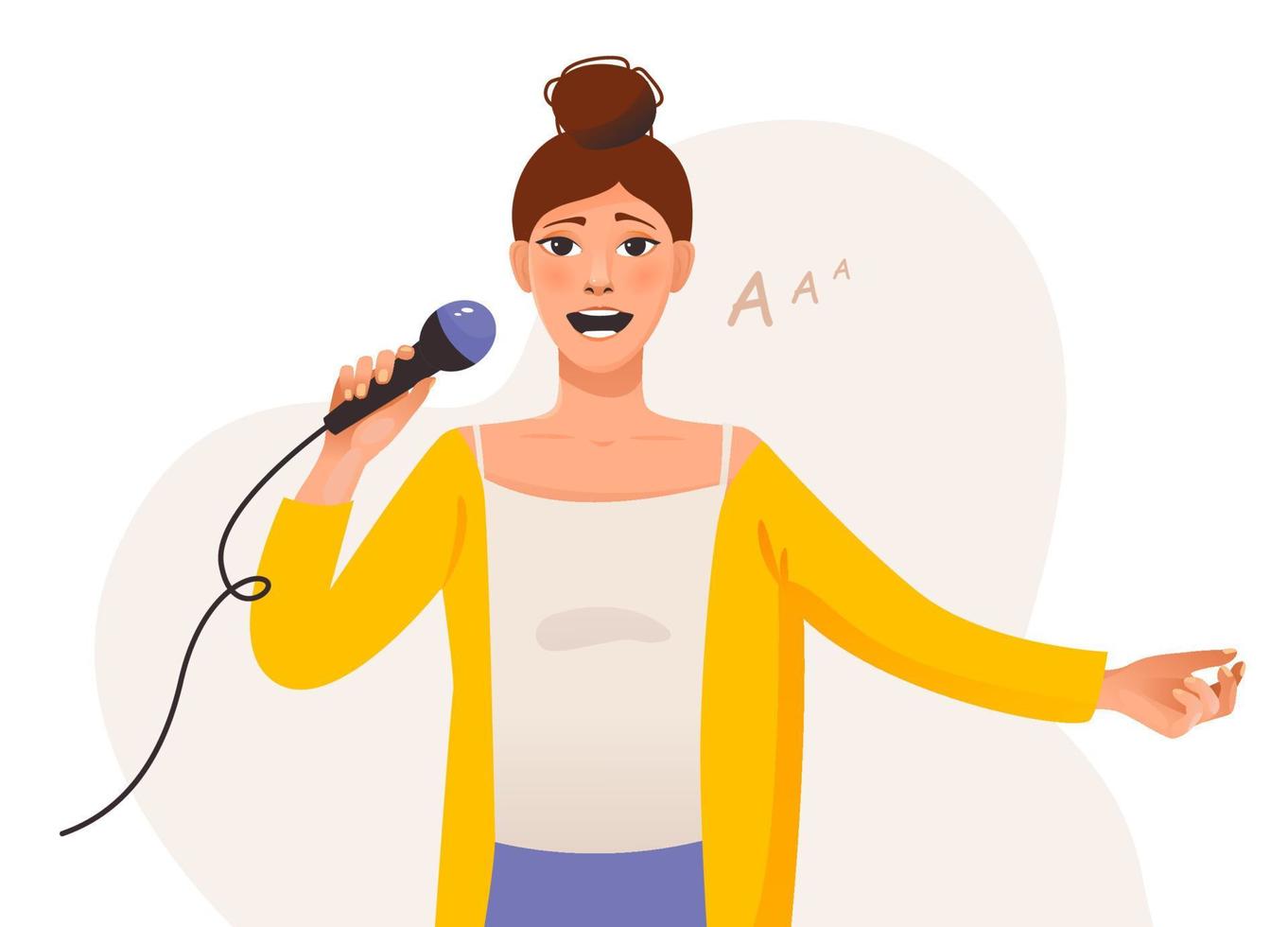 A young girl sings into a microphone. Cartoon illustration of a singing girl. vector