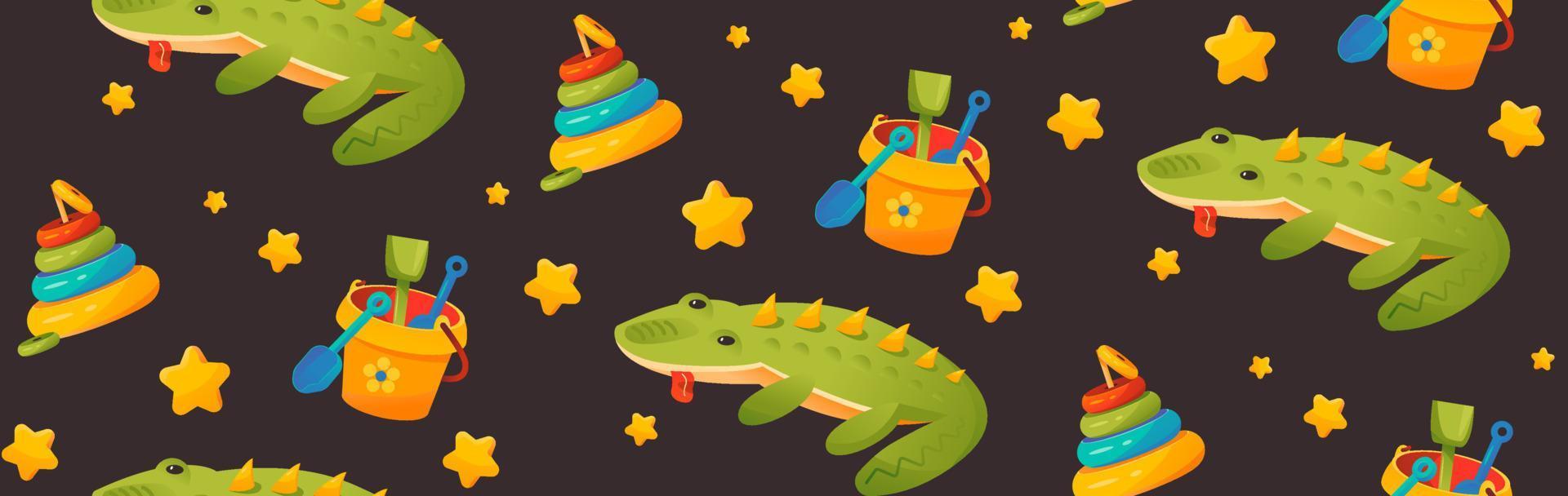 patrón sin costuras con juguetes para el fondo de los niños. un conjunto de fondos infantiles con un dinosaurio y estrellas. ilustración vectorial de dibujos animados vector