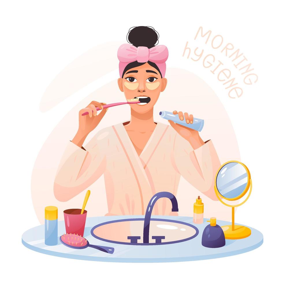 Morning hygiene collection. A young girl during daily hygiene. The girl is brushing her teeth. Self-care at home. Cartoon vector illustration.