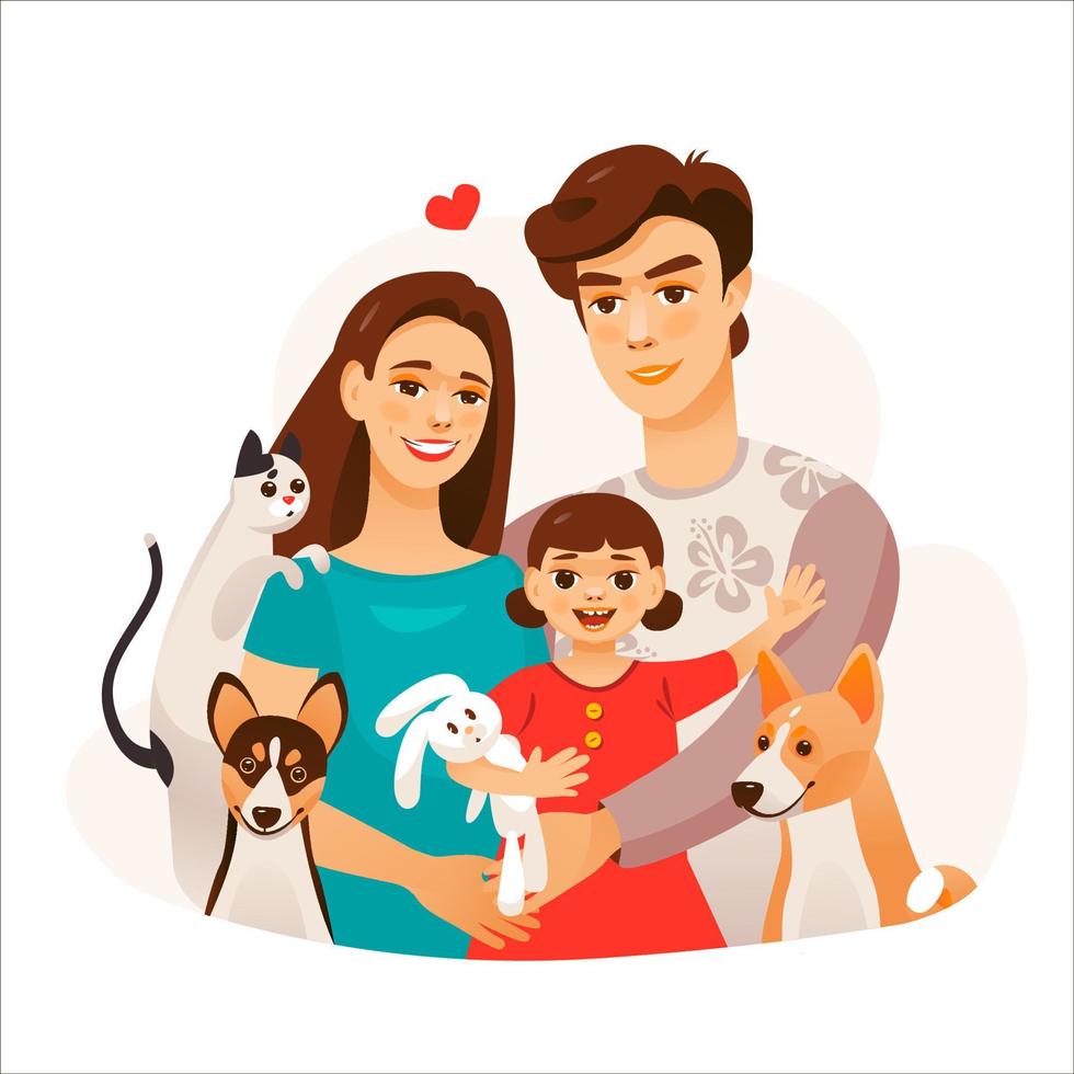 Cartoon family portrait. Parents with a child and pets. Parents hug the child. Taking care of the family. Vector illustration