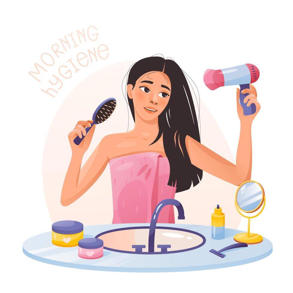 Morning hygiene collection. A young girl dries her hair with a hair dryer. Self-care at home. Cartoon vector illustration.