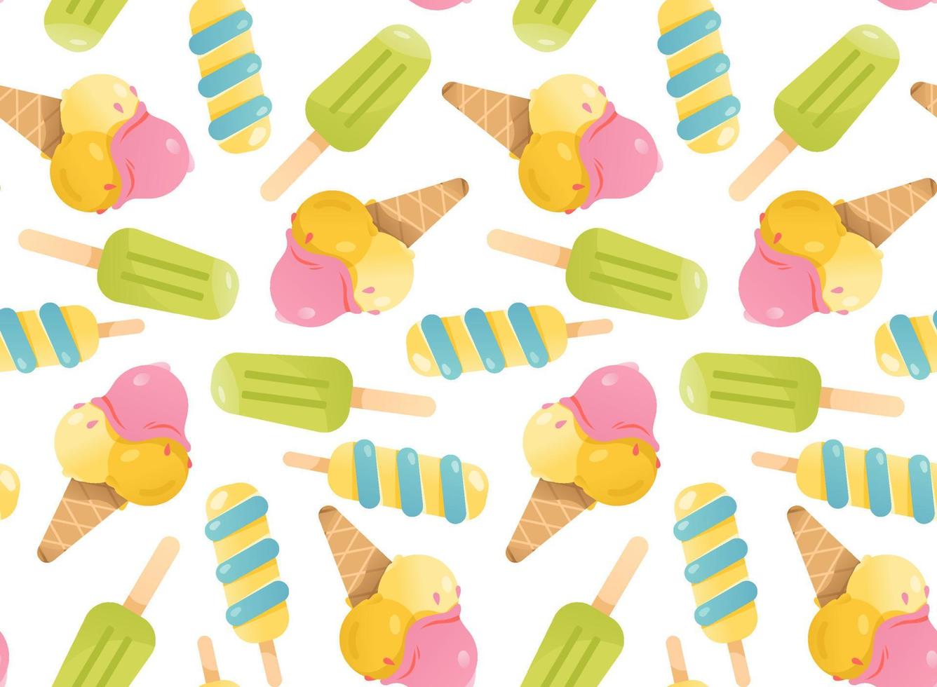 Seamless pattern with different ice cream. Ice cream in a cone, ice cream on a stick. Summer background. Vector illustration