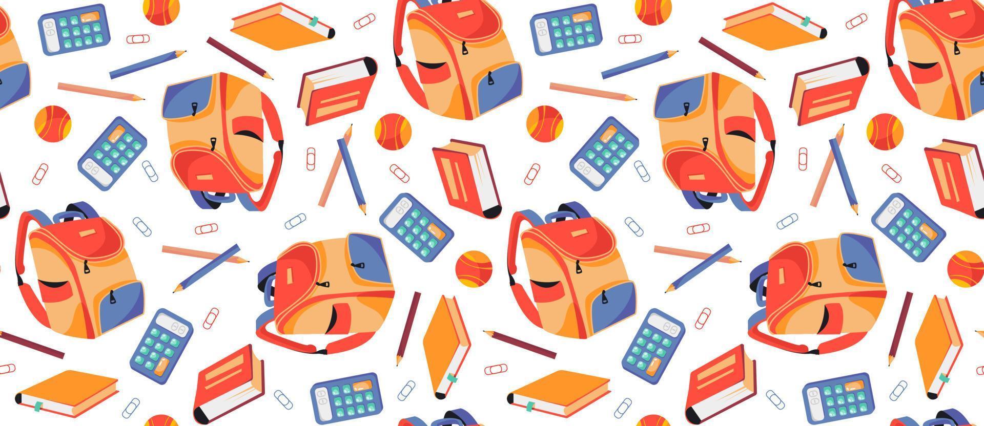 Seamless pattern with school supplies. Briefcase, pencils, calculator. Vector illustration