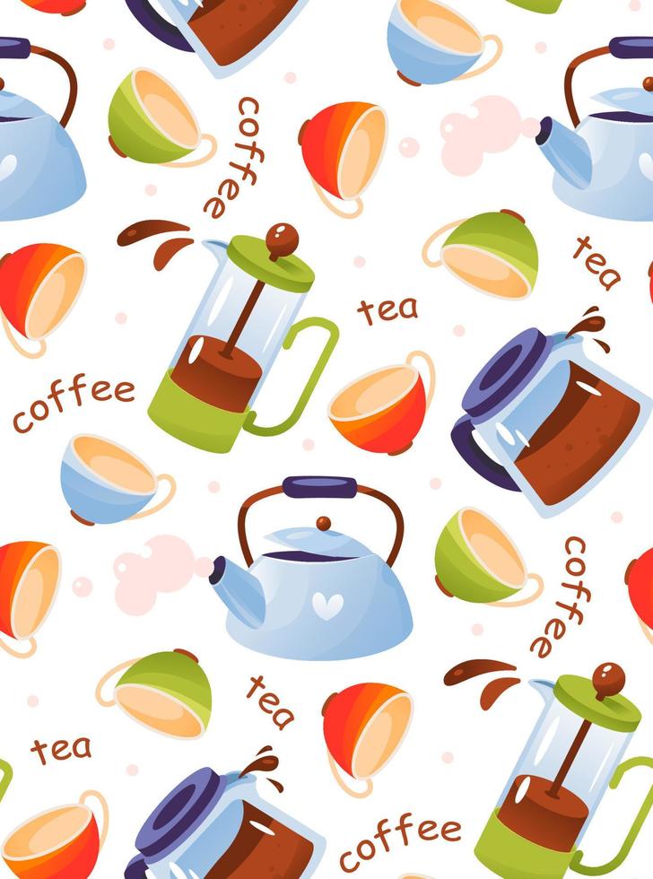 Seamless pattern with tea and coffee. Pattern with teapots and mugs. Tableware. Cartoon vector illustration