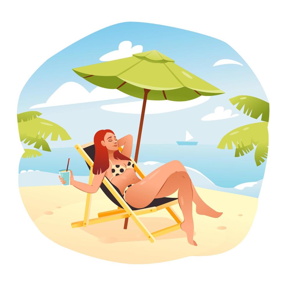 A young girl on the beach is sunbathing on a chaise longue. Cartoon vector illustration