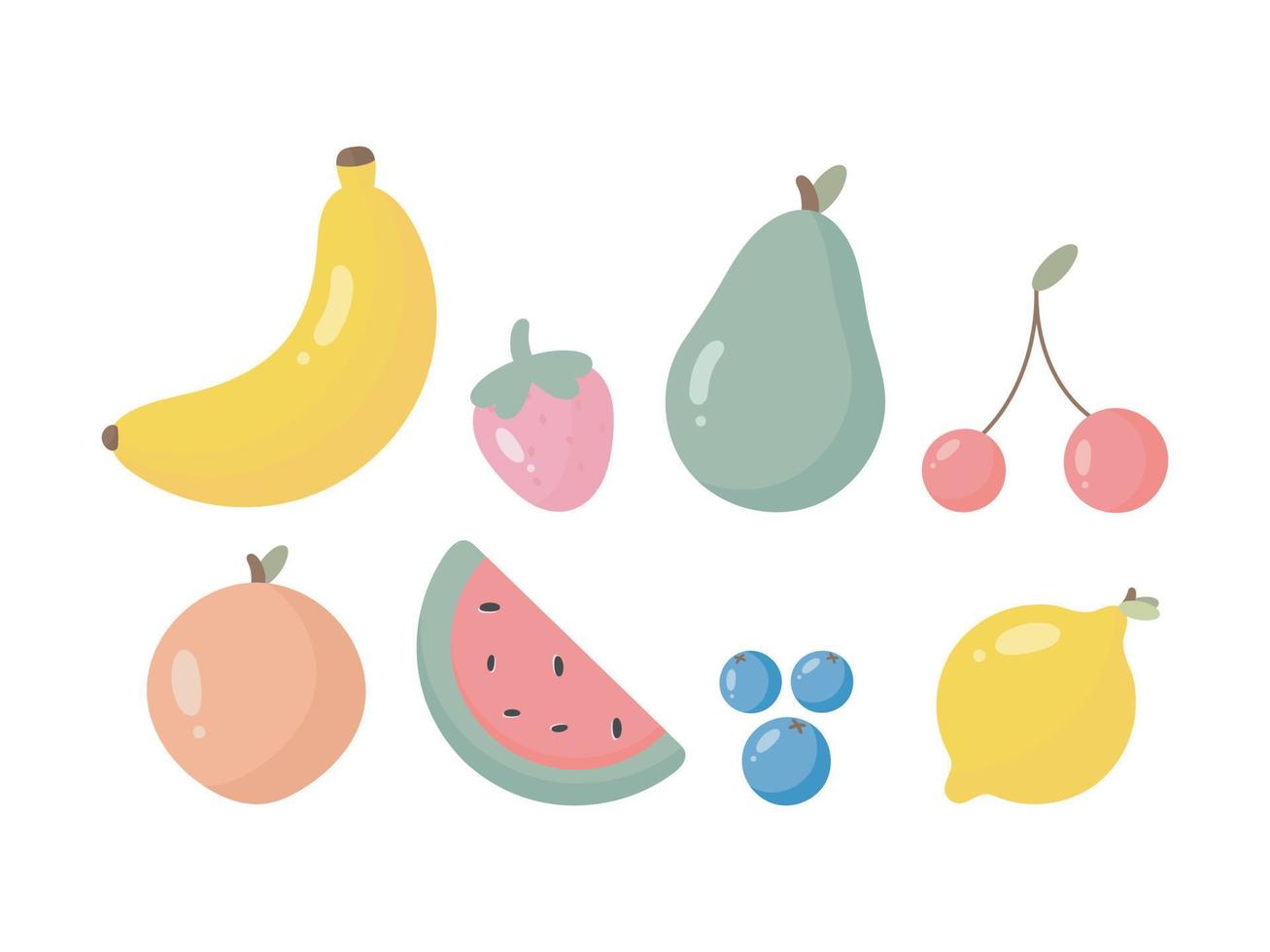 conjunto de frutas y bayas. ilustración vectorial en estilo de dibujos animados. para tarjetas, afiches, pancartas, libros e impresos para ropa, camisetas, íconos. vector