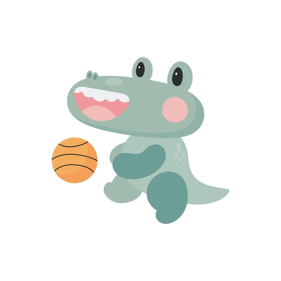 Crocodile with ball. Cartoon style. Vector illustration. For card, posters, banners, children books, printing on the pack, printing on clothes, fabric, wallpaper, textile or dishes.