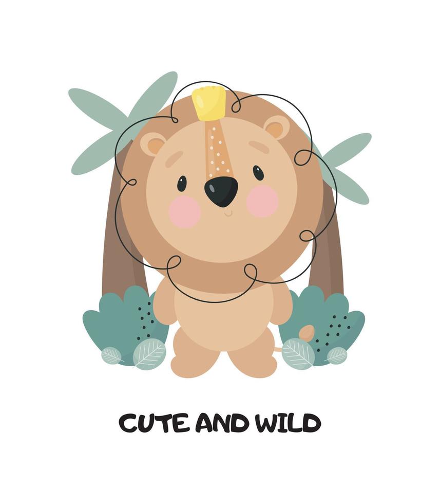 Cute Lion. Cartoon style. Vector illustration. For card, posters, banners, children books, printing on the pack, printing on clothes, fabric, wallpaper, textile or dishes.