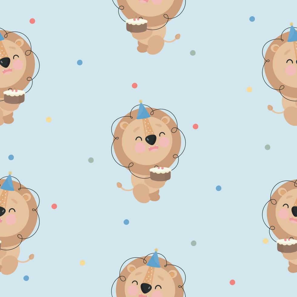 Seamless Pattern with cute Lion with cake. Vector illustration. For greeting card, posters, banners, the card, printing on the pack, printing on clothes, fabric, wallpaper.