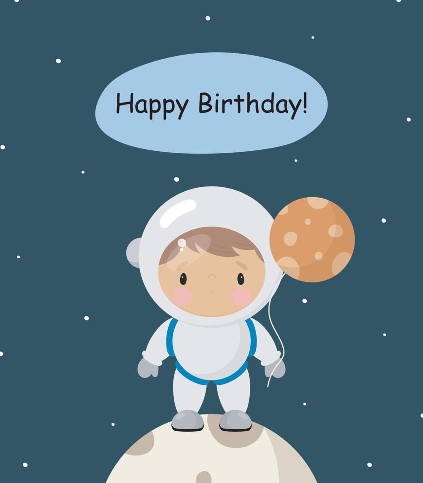 Birthday Party, Greeting Card, Party Invitation. Kids illustration with Cute Astronaut. Vector illustration in cartoon style.