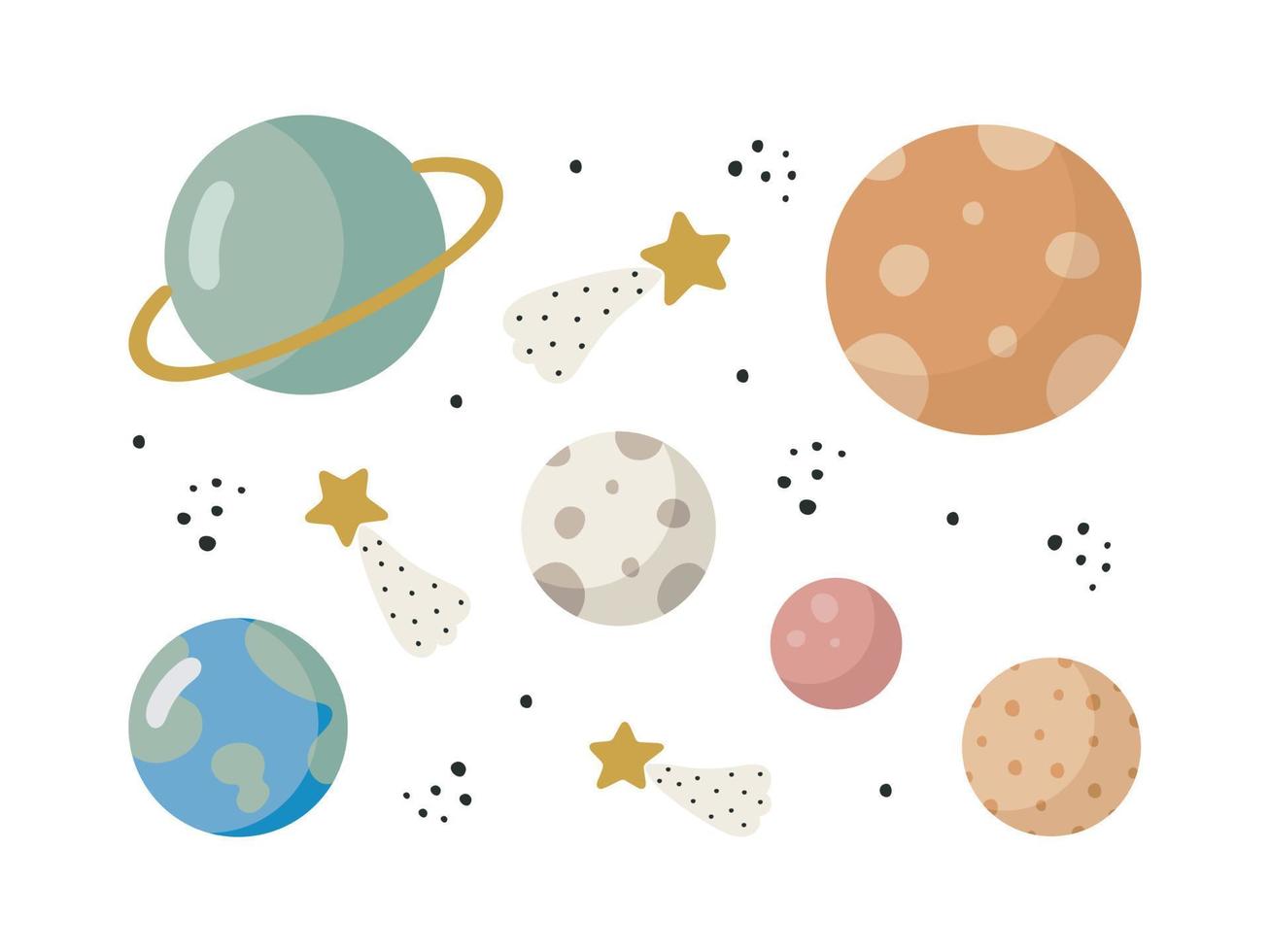 conjunto espacial. ilustración vectorial en estilo de dibujos animados. planetas, estrellas. para cosas de niños, tarjetas, afiches, pancartas, libros para niños e impresos para ropa, camisetas, íconos. vector