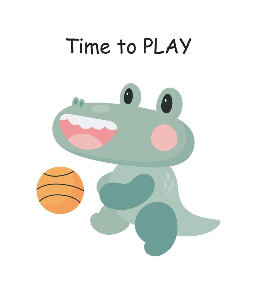 Crocodile with ball. Cartoon style. Vector illustration. For card, posters, banners, children books, printing on the pack, printing on clothes, fabric, wallpaper, textile or dishes.