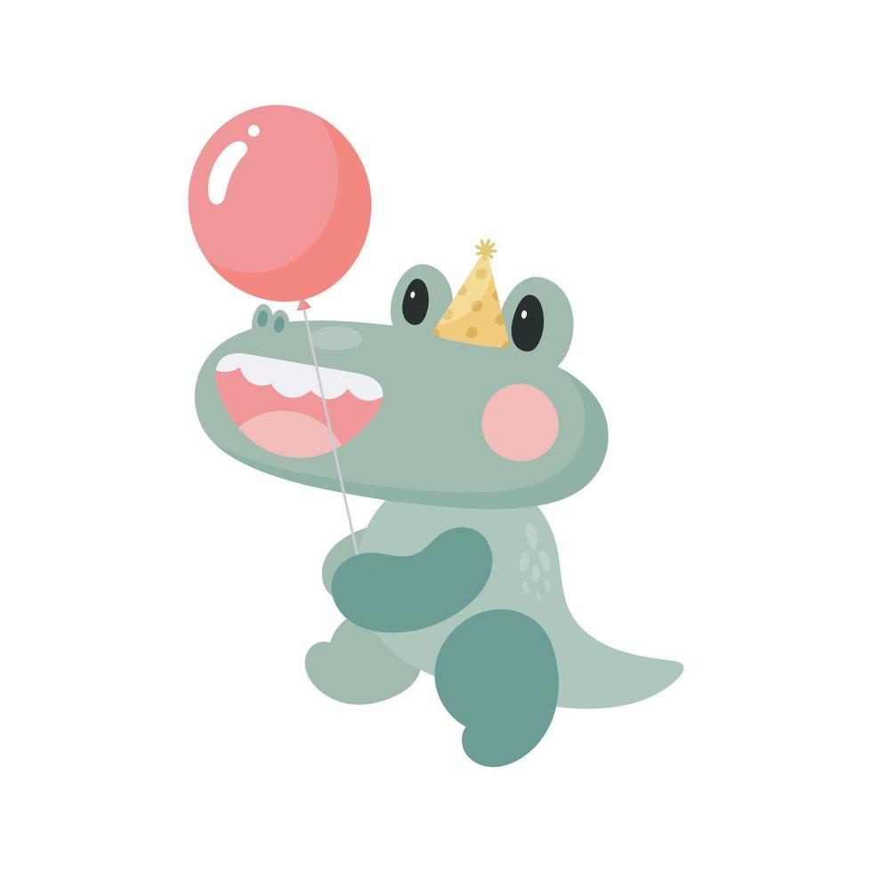 Crocodile with balloon. Cartoon style. Vector illustration. For card, posters, banners, children books, printing on the pack, printing on clothes, fabric, wallpaper, textile or dishes.