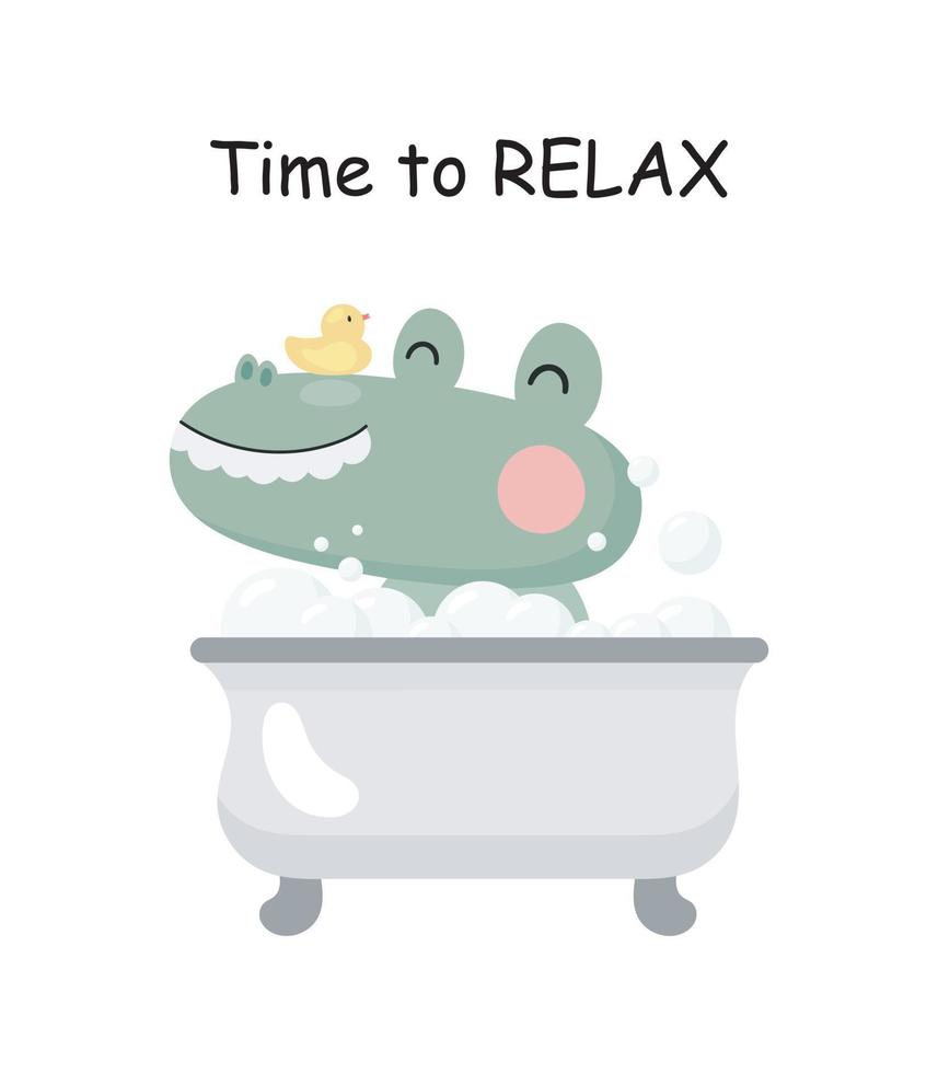 Crocodile takes a bath. Cartoon style. Vector illustration. For card, posters, banners, children books, printing on the pack, printing on clothes, fabric, wallpaper, textile or dishes.