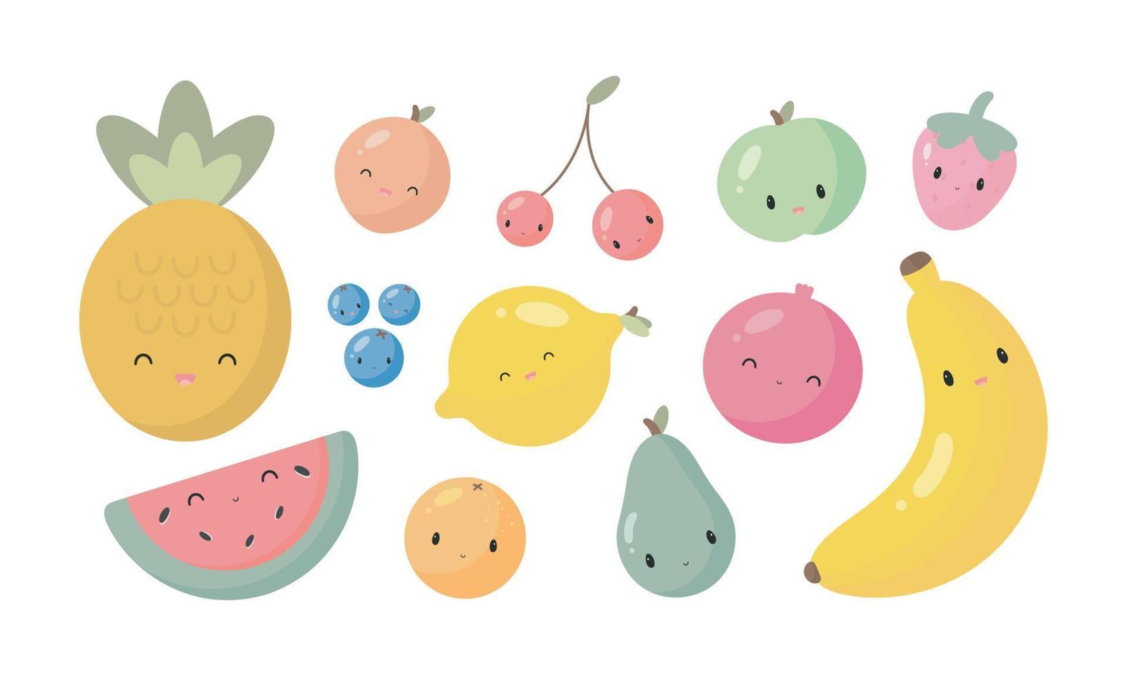 Fruit and Berry Characters. Vector illustration in cartoon style. For card, posters, banners, books and print for clothes, t shirt, icons.