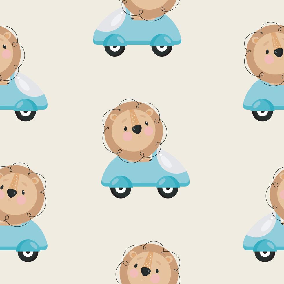 Seamless Pattern with cute Lion in the car. Vector illustration. For greeting card, posters, banners, the card, printing on the pack, printing on clothes, fabric, wallpaper.