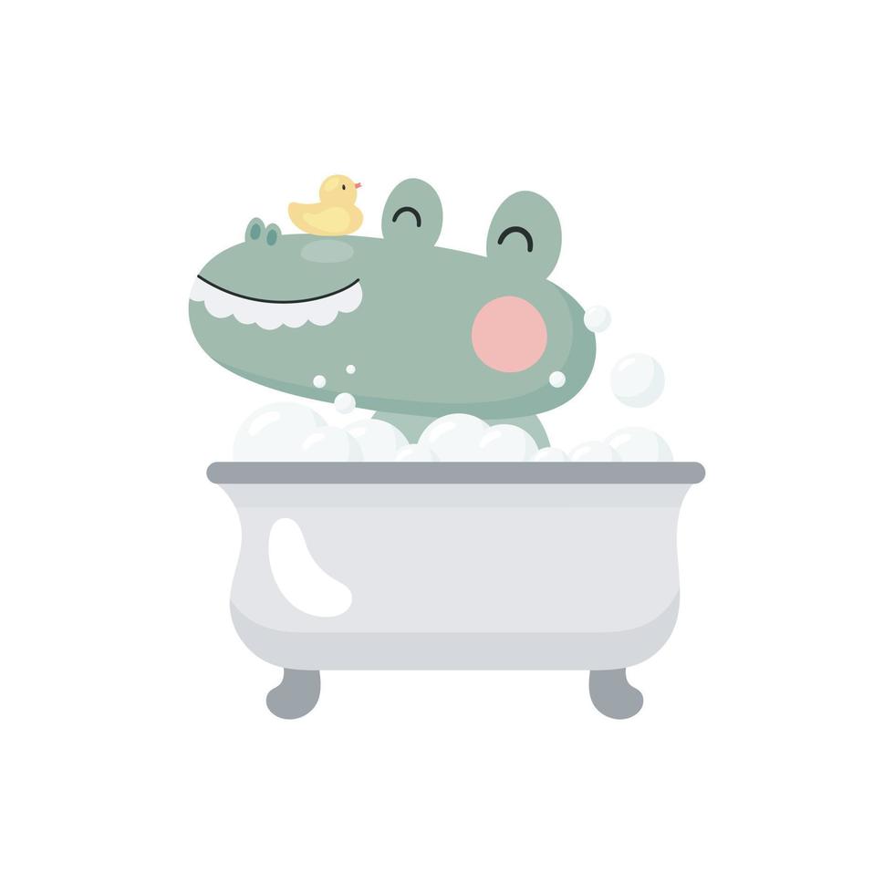 Crocodile takes a bath. Cartoon style. Vector illustration. For card, posters, banners, children books, printing on the pack, printing on clothes, fabric, wallpaper, textile or dishes.
