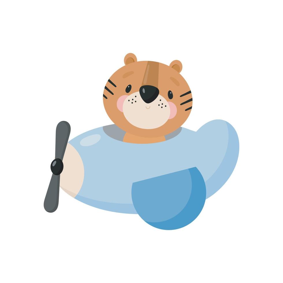 Cute Tiger is flying on a plane. Cartoon style. Vector illustration. For card, posters, banners, children books, printing on the pack, printing on clothes, fabric, wallpaper, textile or dishes.