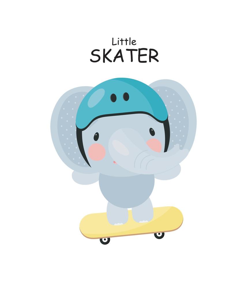 Cute Elephant on the skateboard. Cartoon style. Vector illustration. For card, posters, banners, children books, printing on the pack, printing on clothes, fabric, wallpaper, textile or dishes.