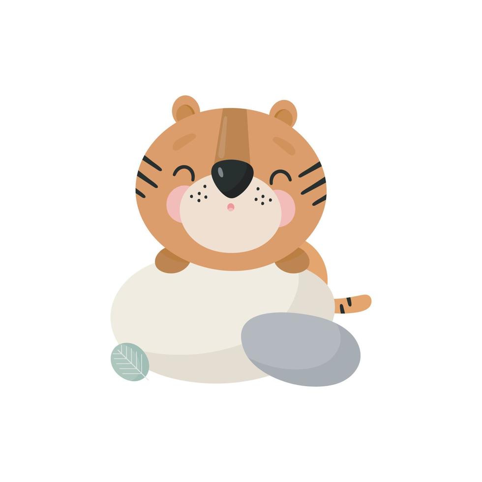 lindo tigre estilo de dibujos animados ilustración vectorial para tarjetas, afiches, pancartas, libros para niños, impresión en el paquete, impresión en ropa, tela, papel tapiz, textil o platos. vector