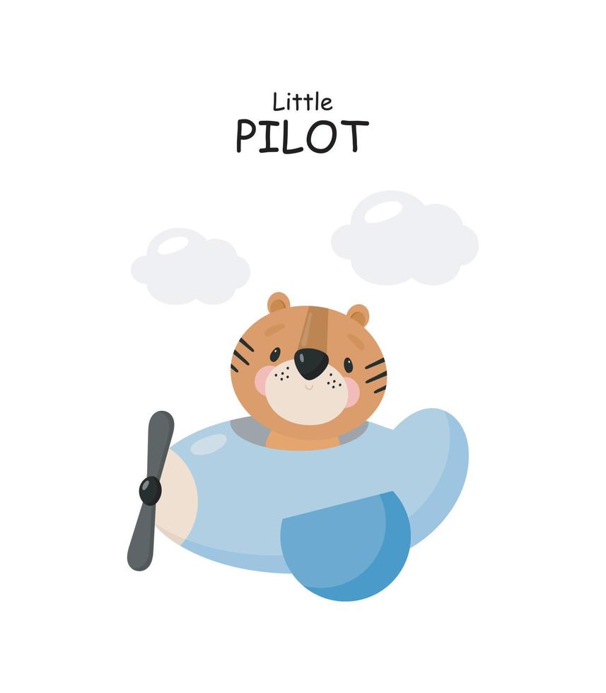 Cute Tiger is flying on a plane. Cartoon style. Vector illustration. For card, posters, banners, children books, printing on the pack, printing on clothes, fabric, wallpaper, textile or dishes.