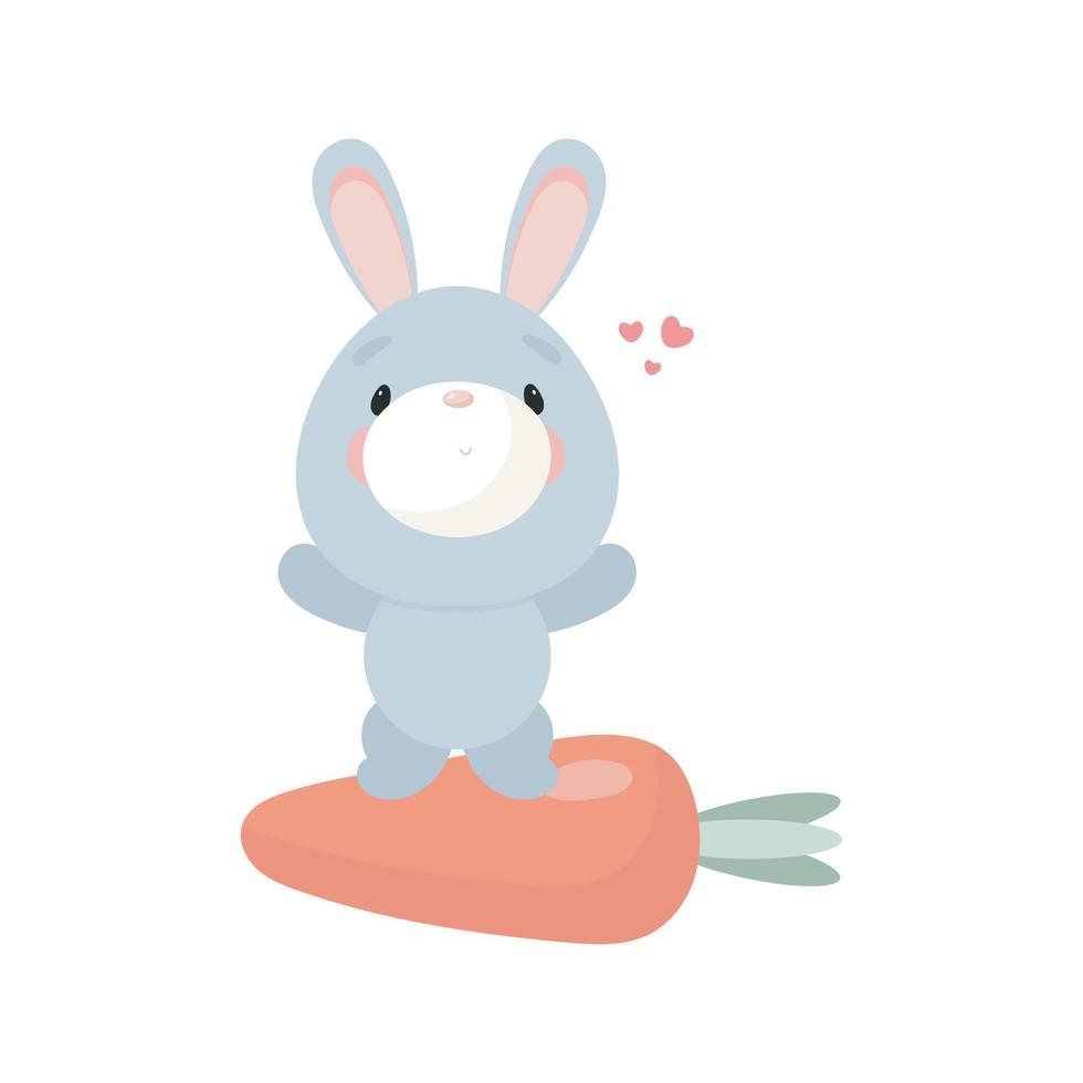Cute Rabbit with carrot. Cartoon style. Vector illustration. For card, posters, banners, children books, printing on the pack, printing on clothes, fabric, wallpaper, textile or dishes.