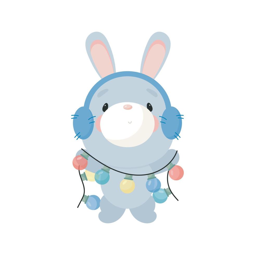 Cute rabbit with a garland. Cartoon style. Vector illustration. For card, posters, banners, children books, printing on the pack, printing on clothes, fabric, wallpaper, textile or dishes.