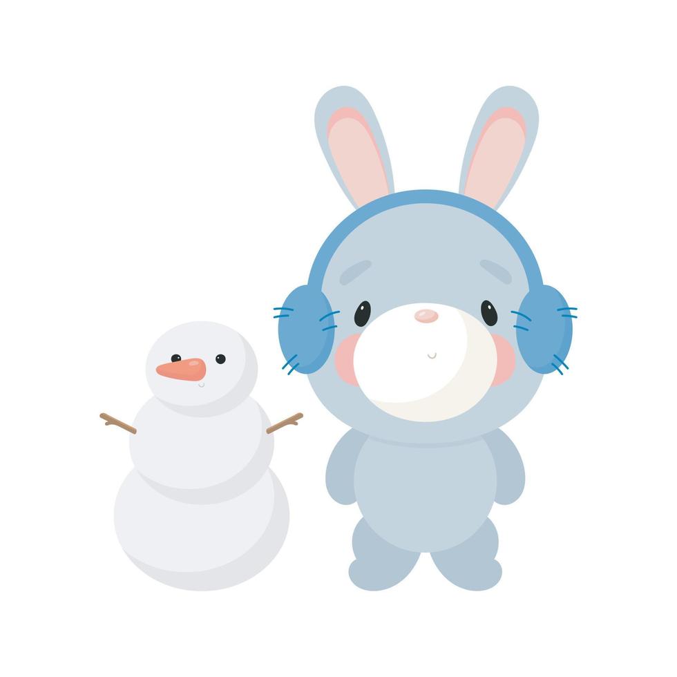 Cute Rabbit with snowman. Cartoon style. Vector illustration. For card, posters, banners, children books, printing on the pack, printing on clothes, fabric, wallpaper, textile or dishes.