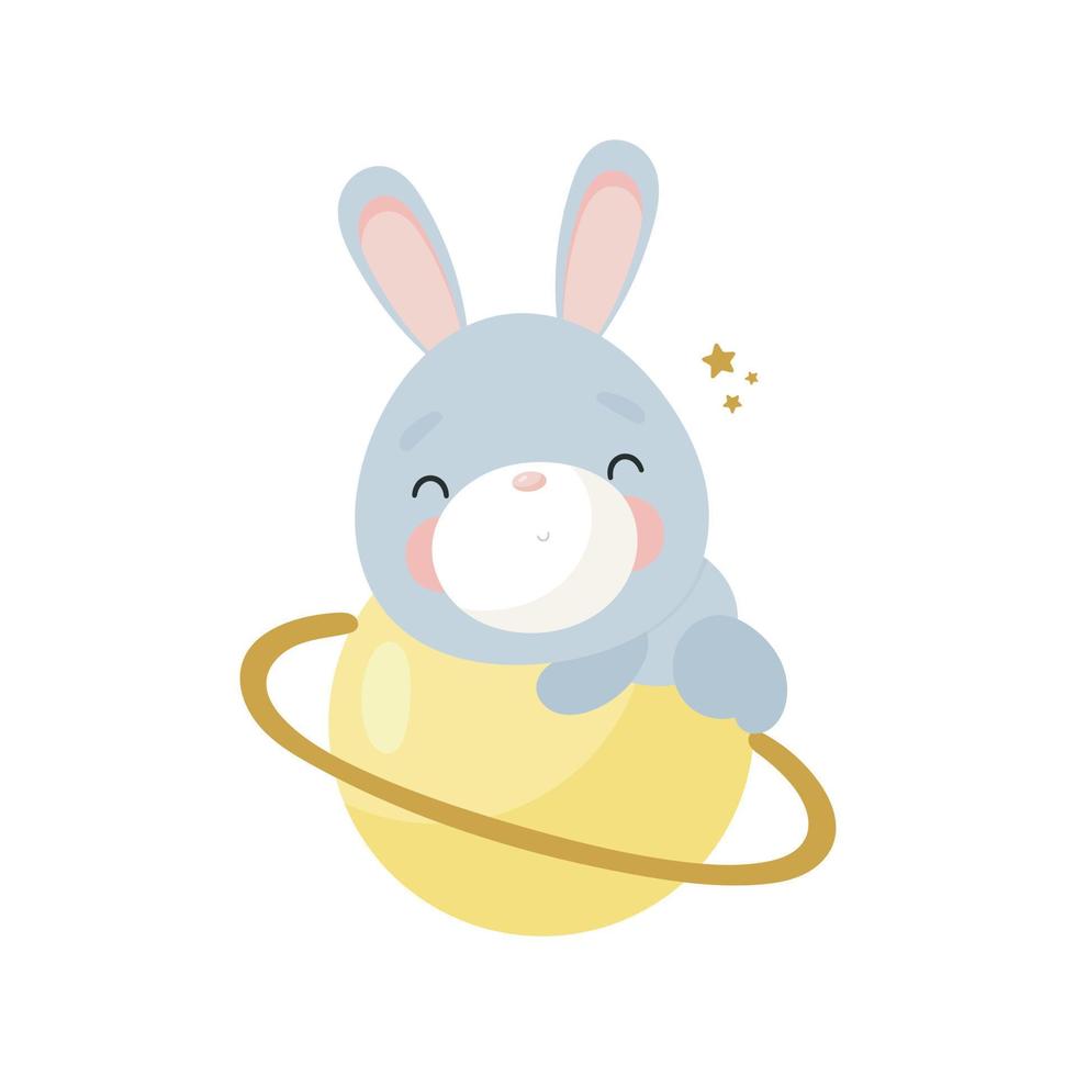 Cute Rabbit in the space. Cartoon style. Vector illustration. For card, posters, banners, children books, printing on the pack, printing on clothes, fabric, wallpaper, textile or dishes.