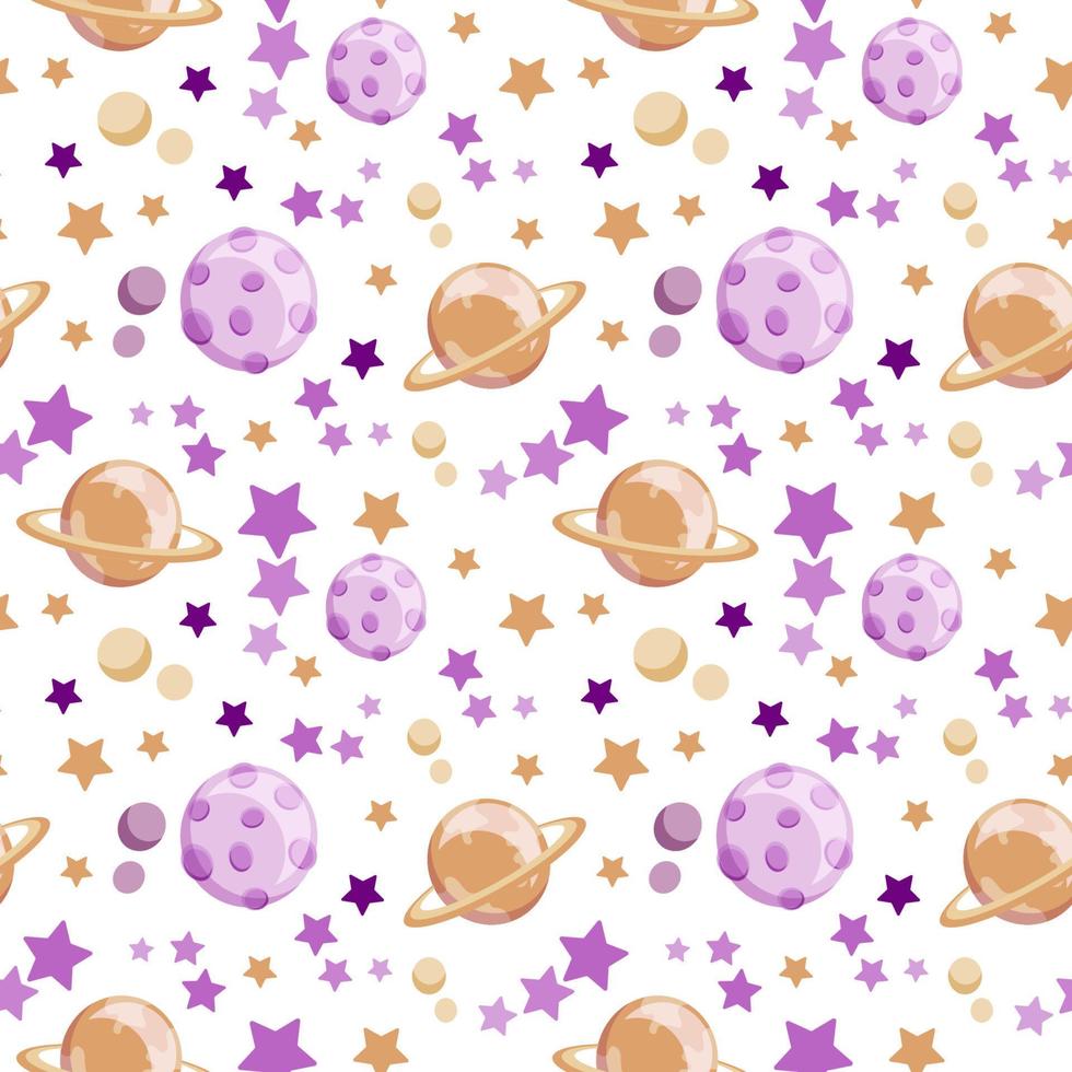 Seamless pattern on a white background. Planets and stars. Saturn. Vector in flat style. Space elements. Space day. Suitable for children's textiles, packaging