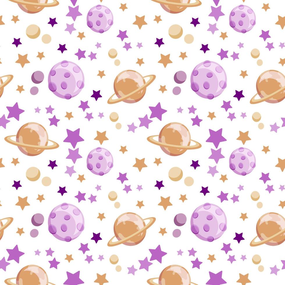 Seamless pattern on a white background. Planets and stars. Saturn. Vector in flat style. Space elements. Space day. Suitable for children's textiles, packaging