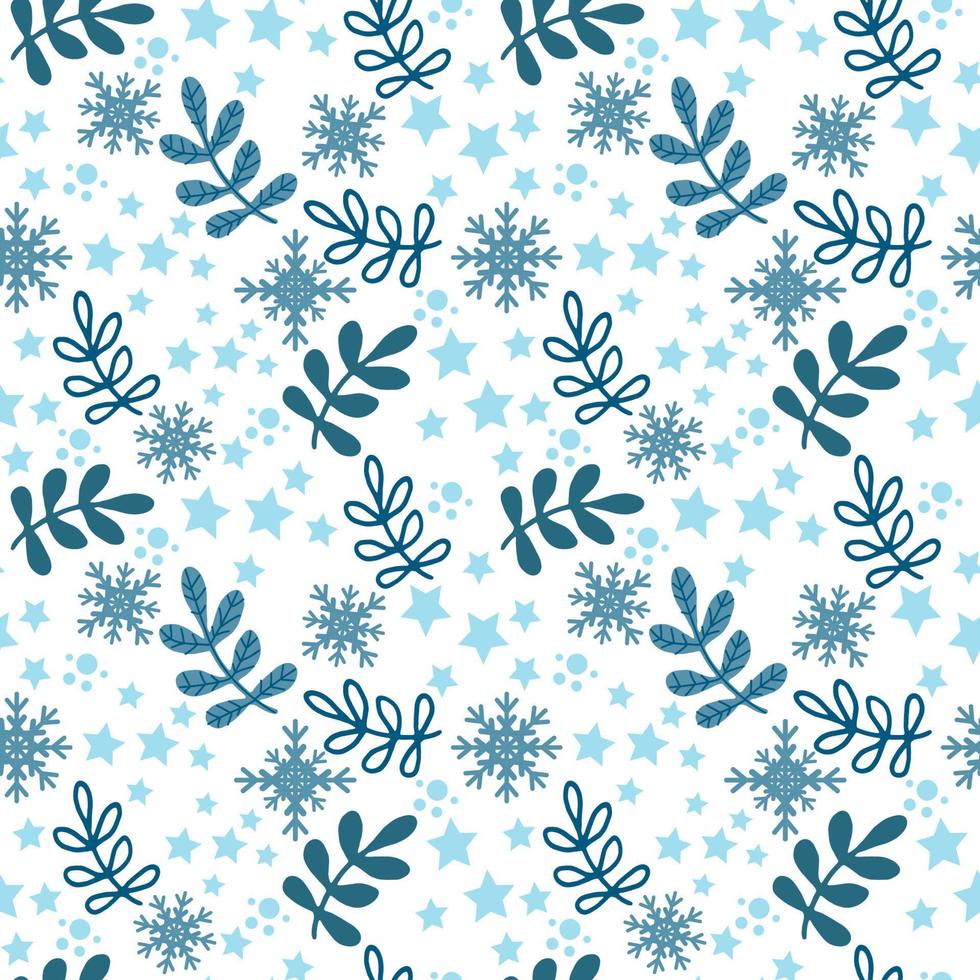 Christmas seamless pattern on white background. Beautiful twigs, stars, snowflakes and polka dots. Christmas. Flat style vector