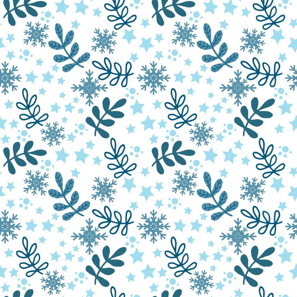 Christmas seamless pattern on white background. Beautiful twigs, stars, snowflakes and polka dots. Christmas. Flat style vector