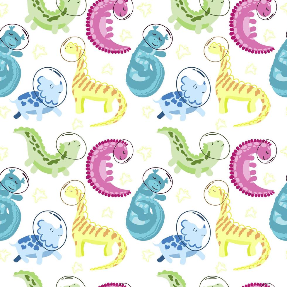 Seamless pattern of cute multicolored sleeping dinosaurs in space. Cartoon style vector. Dinosaur astronaut with stars around on white background vector