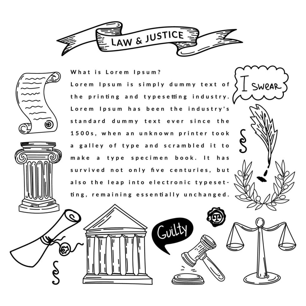 Banner with symbols of law and justice, a hand-drawn doodle in sketch style. Justice. Greece. Laurel wreath. Scales of Justice. Documents. Paragraphs of the law. A collection of cartoon elements vector