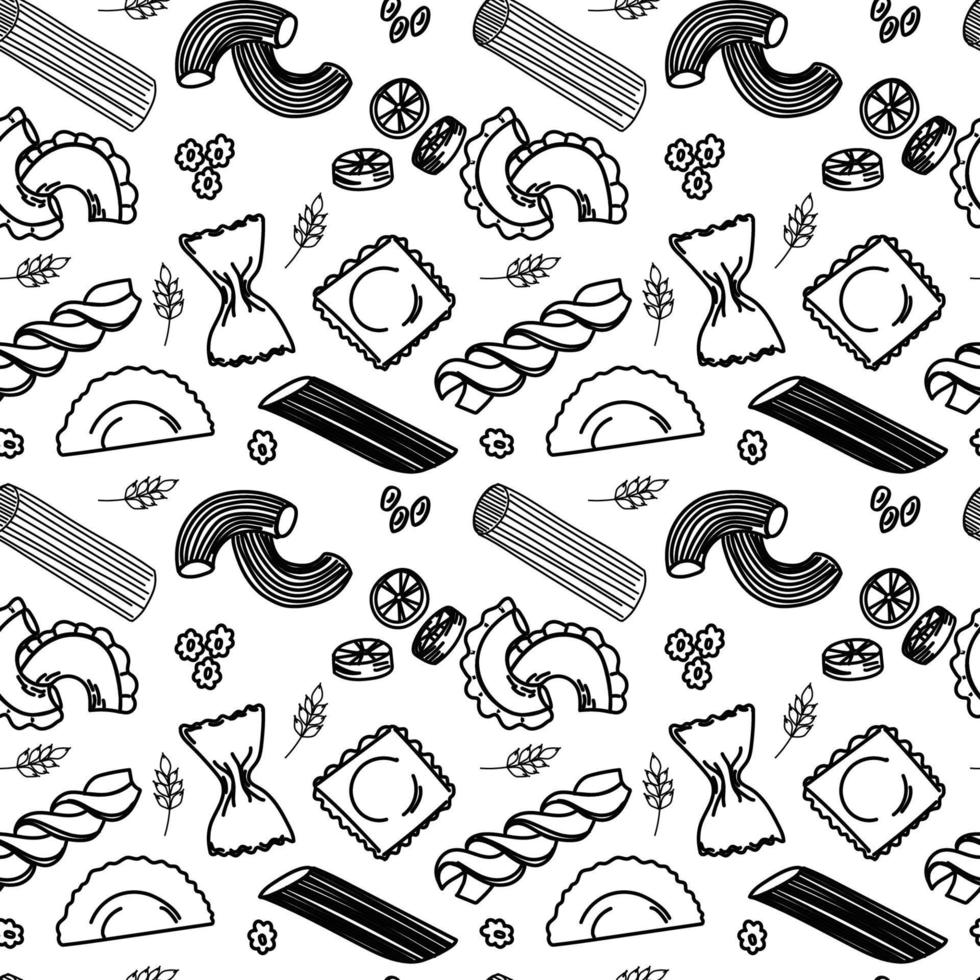 A seamless pattern of different kinds of macaroni, hand-drawn doodles in sketch style. Cooking. Italy. Pasta. Silhouettes of fettuccini, ravioli, etc. on white background vector
