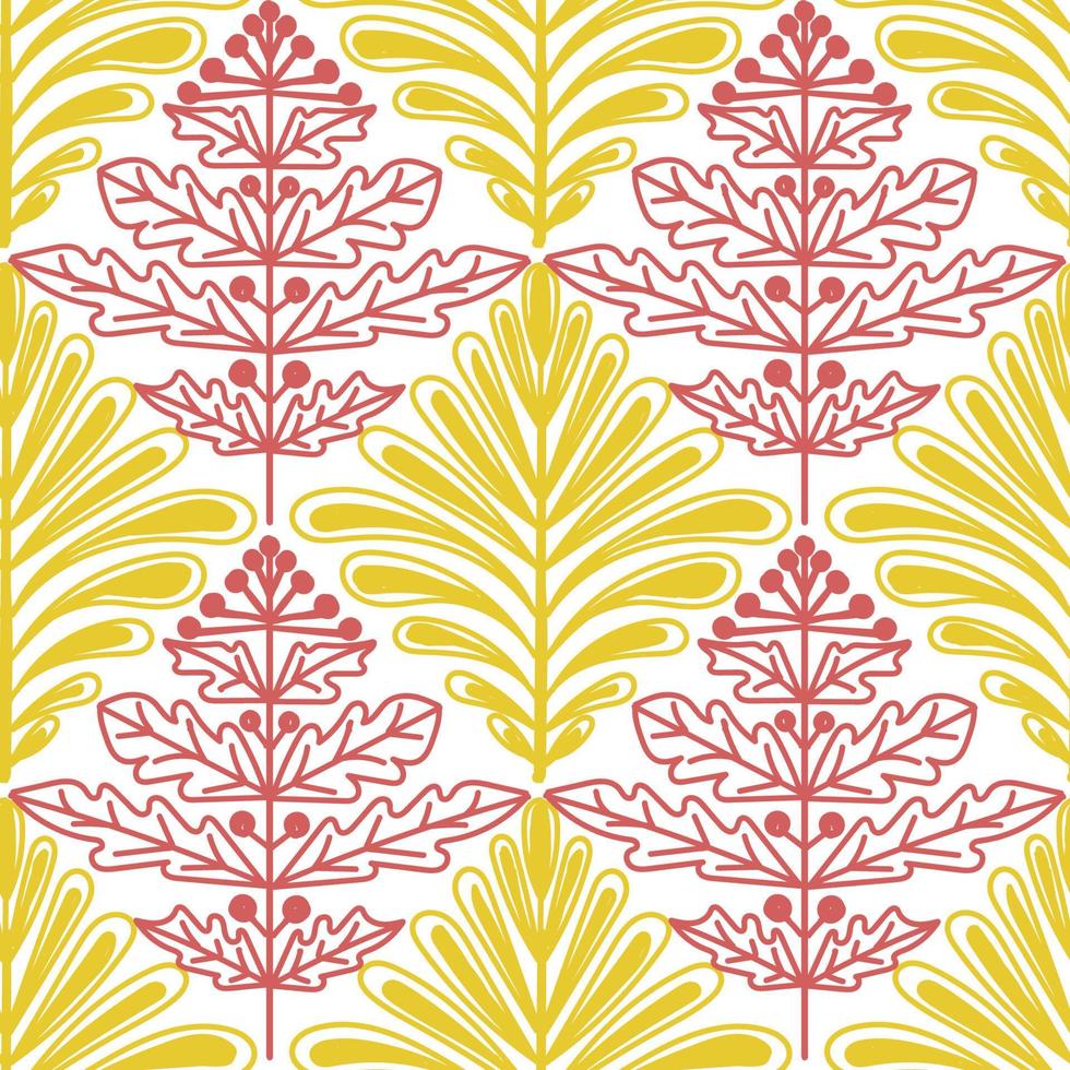 A seamless pattern of yellow and red plant elements, a hand-drawn doodle. Fantasy leaves of different plants. Geometry. Vector illustration