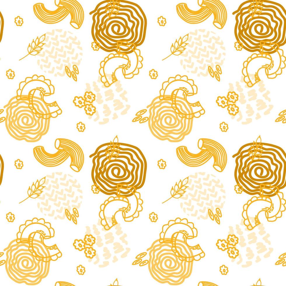 Different types of pasta on a white seamless background. Pasta. Spaghetti, horns. Elements drawn in doodle style. Italy. Suitable for packaging and textiles vector