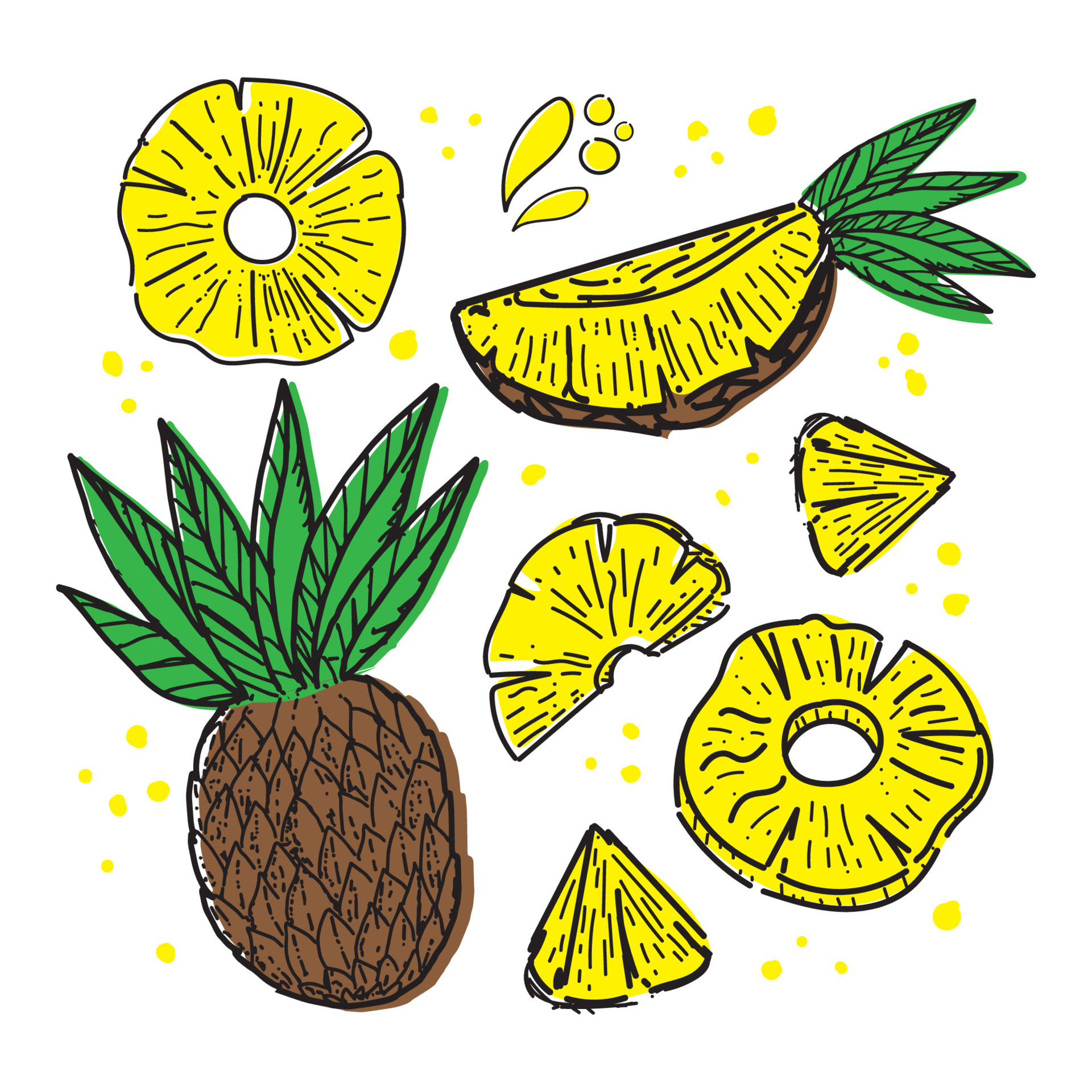 Set of pineapples, drawn doodle elements in sketch style. Whole