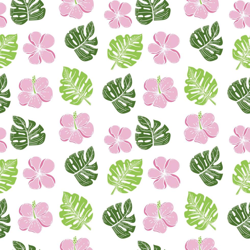 A seamless pattern of tropical strelitzia flower, monster leaves. Hand-drawn doodle-style elements, bright flower and greenery. Tropics. Summer. Strelicia. Isolated vector