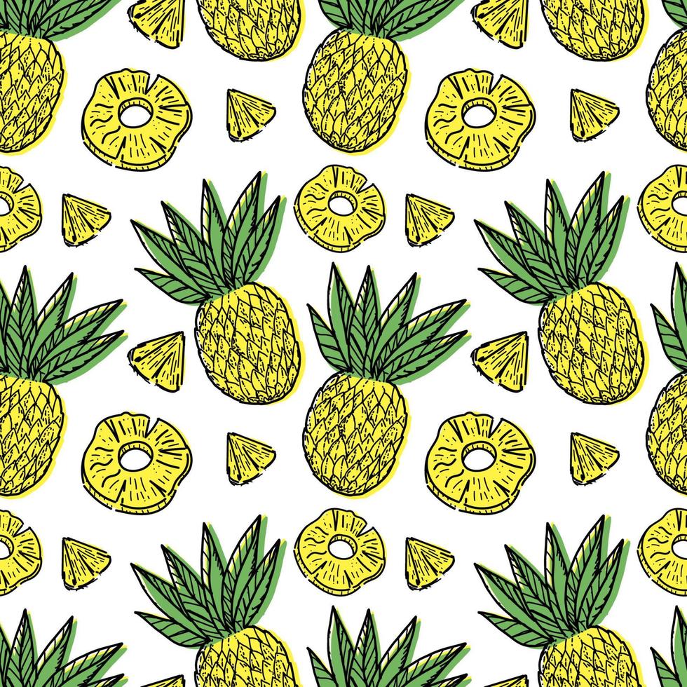 A seamless pattern of pineapple, pulp, and fruit, hand-drawn with doodle elements. Exotic fruit. Yellow pineapple. Vector illustration