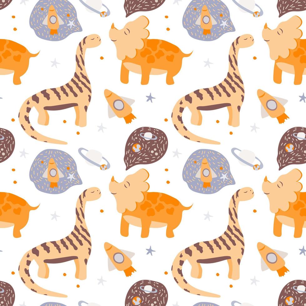 Seamless Pattern. Dinosaurs dream of space, stars and planets. Children's theme. Dinosaurs dreaming. Vector is made in a flat style on a white background. Suitable for textiles and packaging