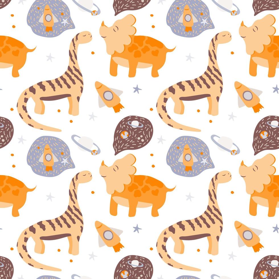 Seamless Pattern. Dinosaurs dream of space, stars and planets. Children's theme. Dinosaurs dreaming. Vector is made in a flat style on a white background. Suitable for textiles and packaging