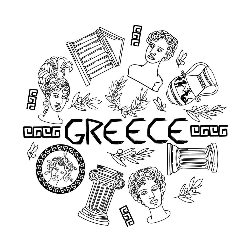 Set of ancient elements of Ancient Greece and Rome, hand-drawn doodle in sketch style. Gorgon Medusa. Head of Perseus, vase with exploit, laurel wreath, olive branch, columns of Ionic and Doric order vector