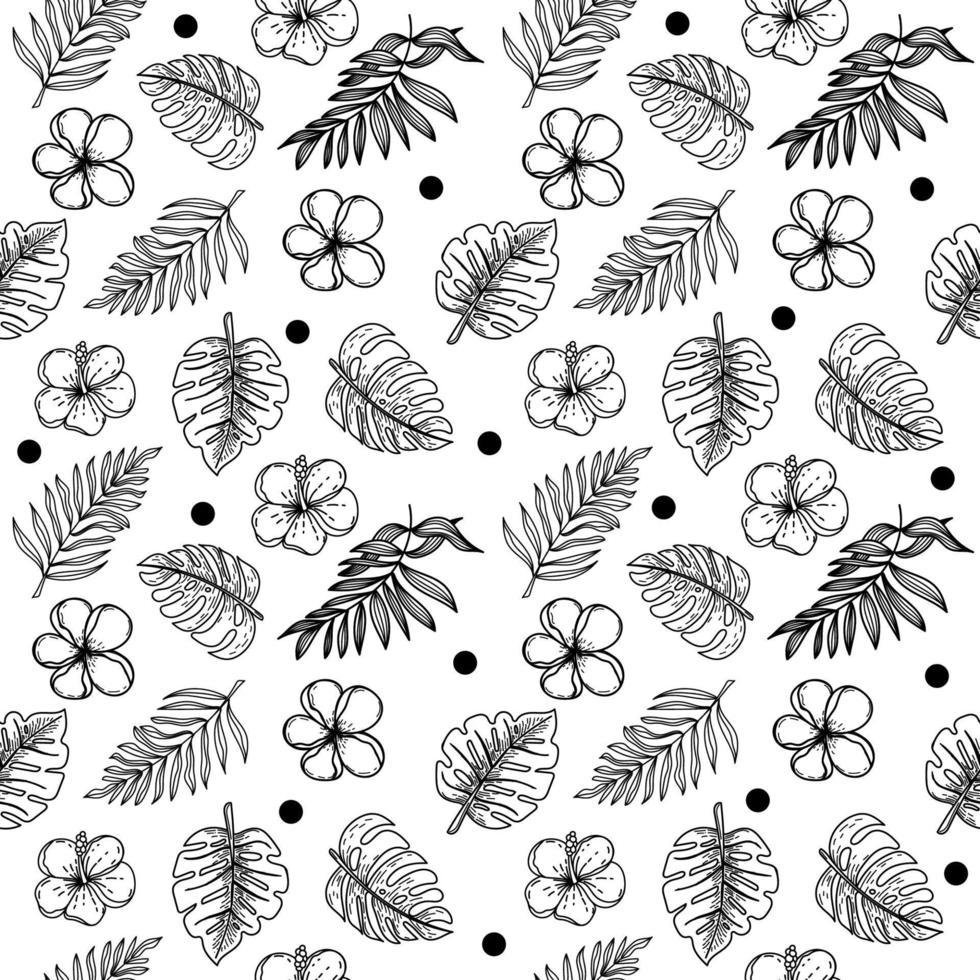 A seamless drawing of a tropical hibiscus flower. Hand-drawn sketch of a monochrome doodle-style flower. Tropics. Greens. Palm leaves and monster leaves. Hibiscus. Isolated vector